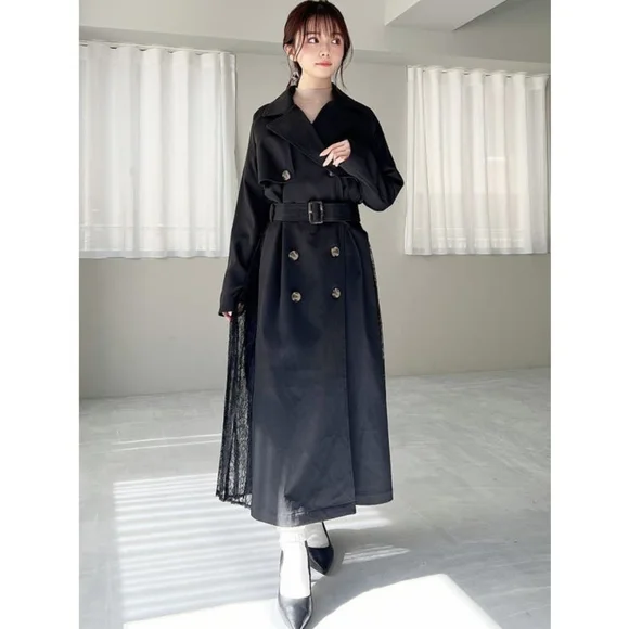 Resexxy Gyaru Black Trench Coat Pleated Lace Panel Sides Tortoise Shell Buttons - Picture 2 of 14